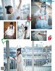 A collage of photos of a woman in a white dress.