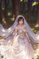 A woman in a wedding dress standing in the woods.